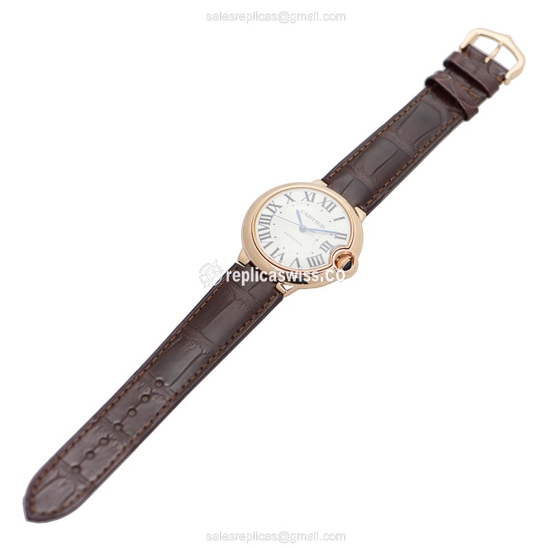 Cartier Ballon Bleu Replica - Automatic - 18kt Rose Gold - White Dial - Brown Alligator Buckle - View 2
