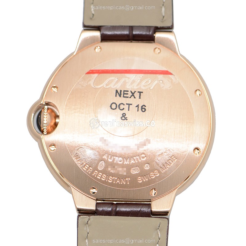 Cartier Ballon Bleu Replica - Automatic - 18kt Rose Gold - White Dial - Brown Alligator Buckle - View 3