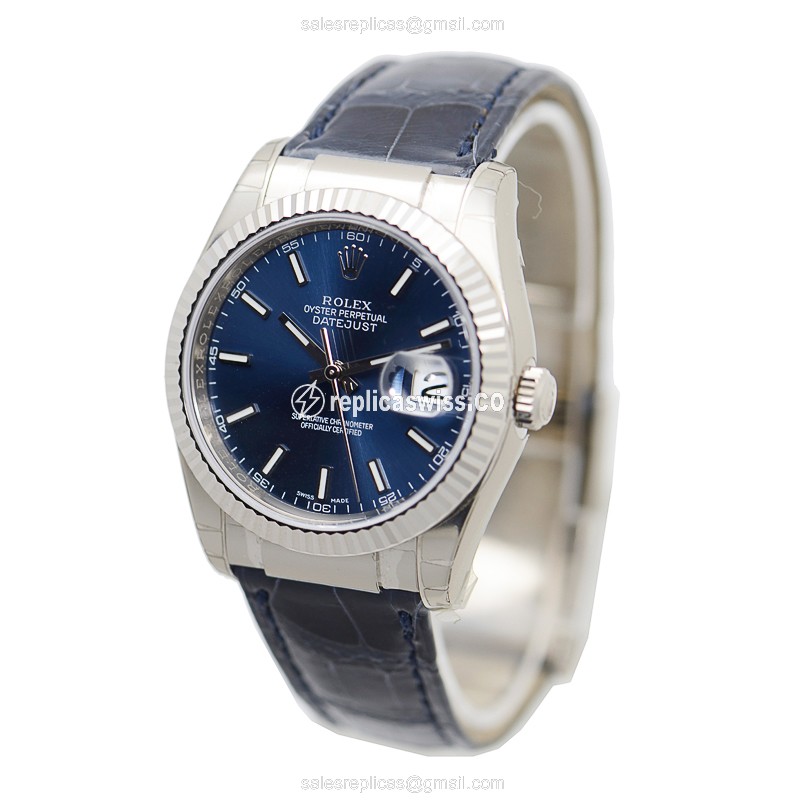 Rolex OYSTER PERPETUAL Replica - Automatic - 18kt Gold - Blue Dial, Alligator Strap - View 3
