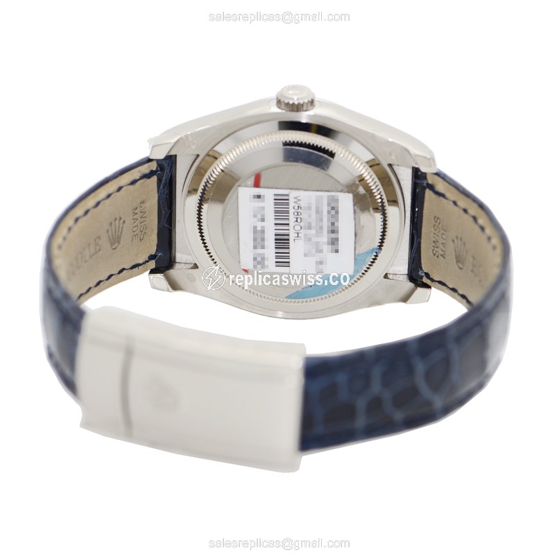 Rolex OYSTER PERPETUAL Replica - Automatic - 18kt Gold - Blue Dial, Alligator Strap - View 4