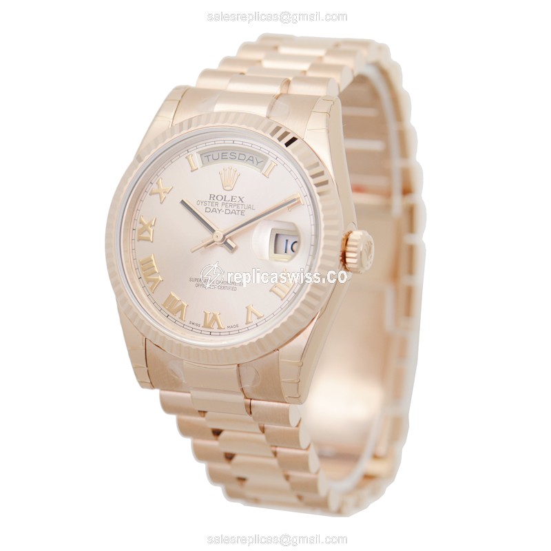 Rolex DAY-DATE Replica | Automatic | 18kt Gold Case | Pink Dial, Gold Clasp & Strap - View 3