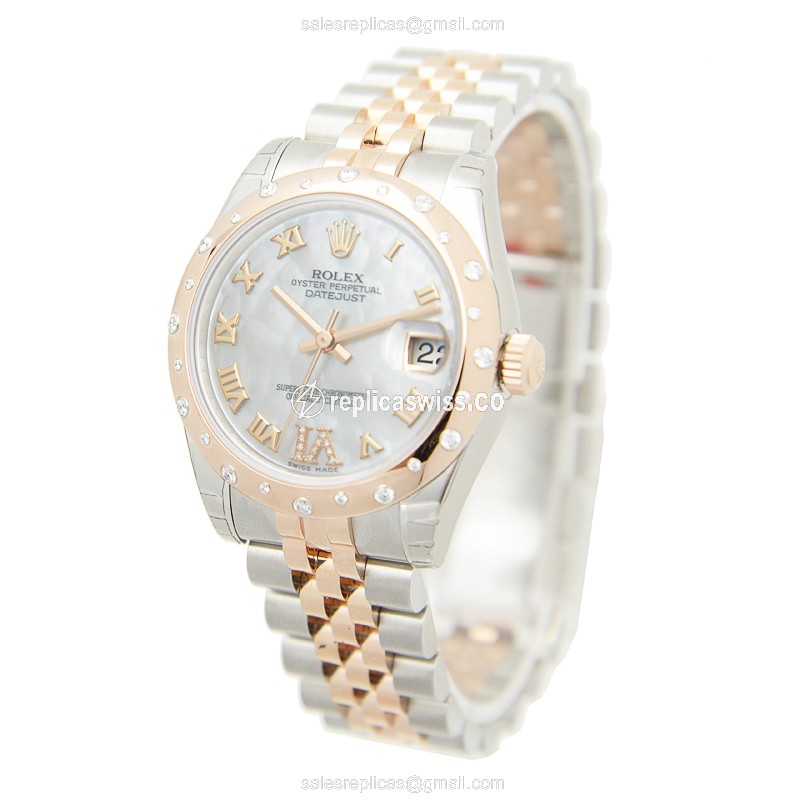 Rolex Datejust Replica - Automatic - 18kt Rose Gold & Steel Case - White Dial, Silver Clasp & Strap - View 3