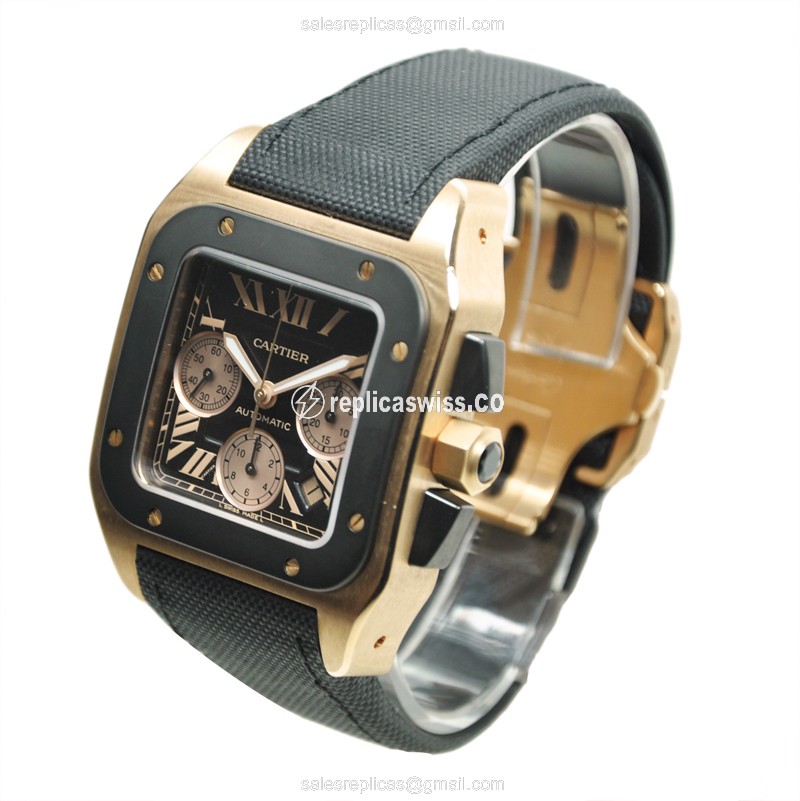 Cartier Santos Replica - Auto - 18K Rose Gold - Black Dial - Canvas Strap - View 2