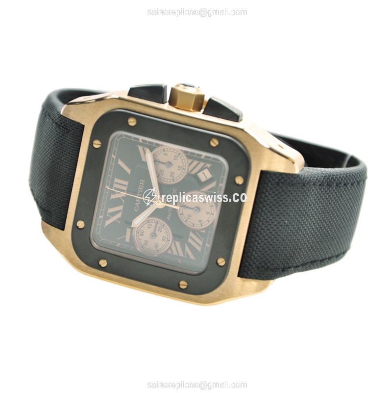 Cartier Santos Replica - Auto - 18K Rose Gold - Black Dial - Canvas Strap - View 3