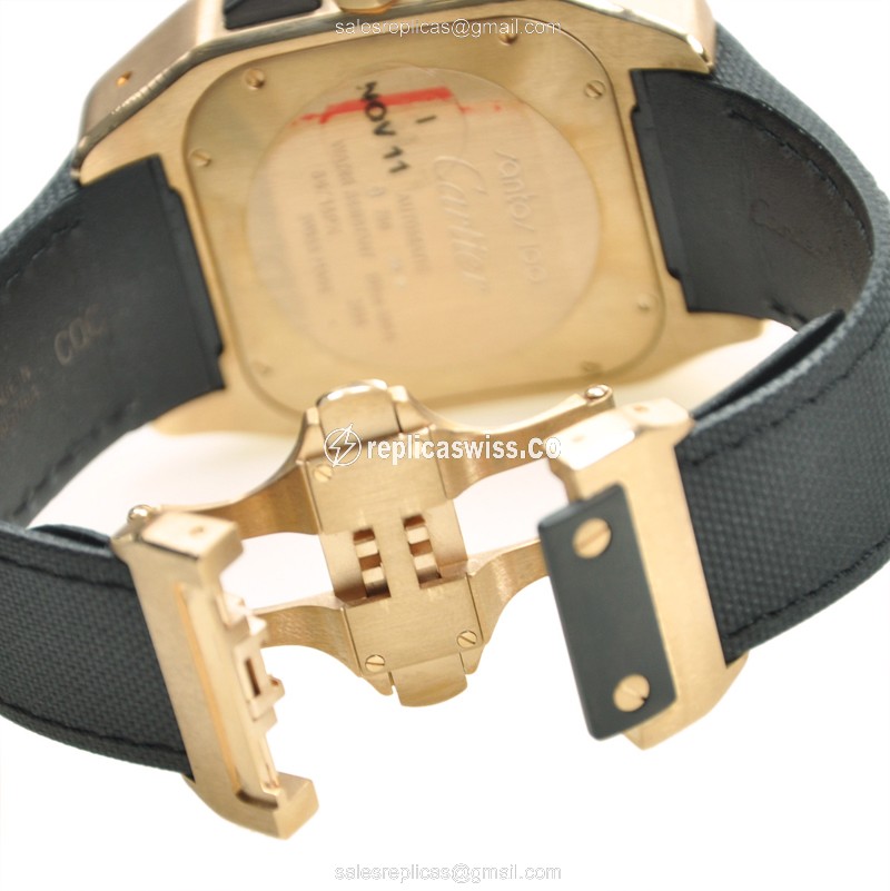 Cartier Santos Replica - Auto - 18K Rose Gold - Black Dial - Canvas Strap - View 4