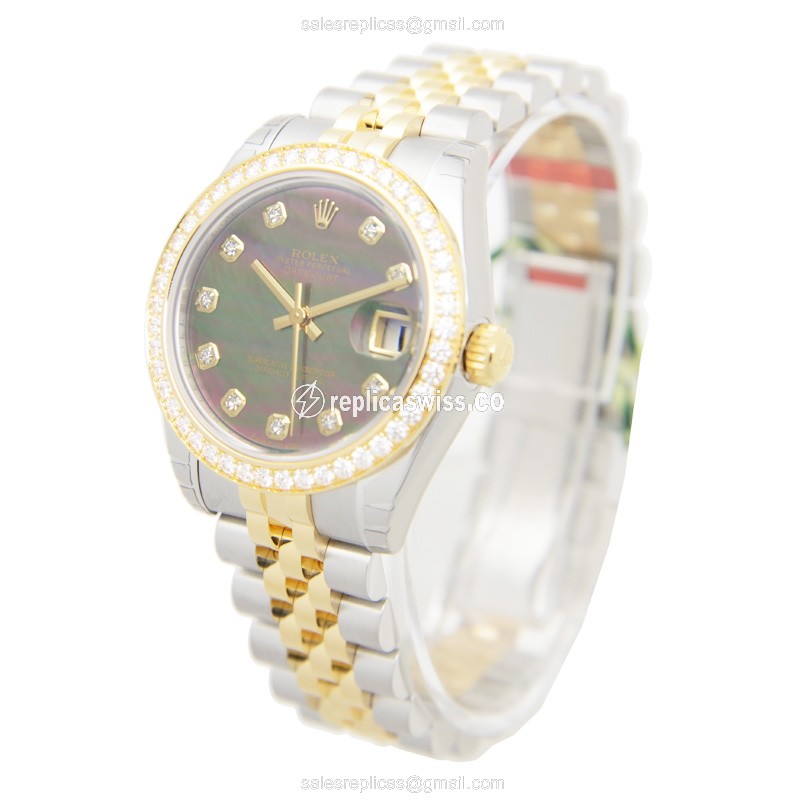 Rolex Lady Datejust Replica | Automatic | 18kt Gold Case | Diamond Bezel | Black Dial - View 3