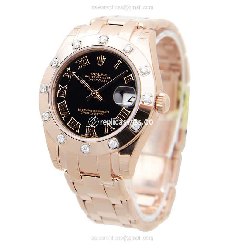 Rolex Lady Datejust Replica - Automatic - 18kt Rose Gold - Black Dial - Gold Strap - View 3