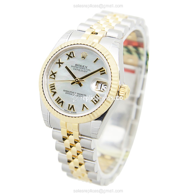 Rolex Lady Datejust Replica - 18kt Gold Case, White Dial on Gold Strap - View 3