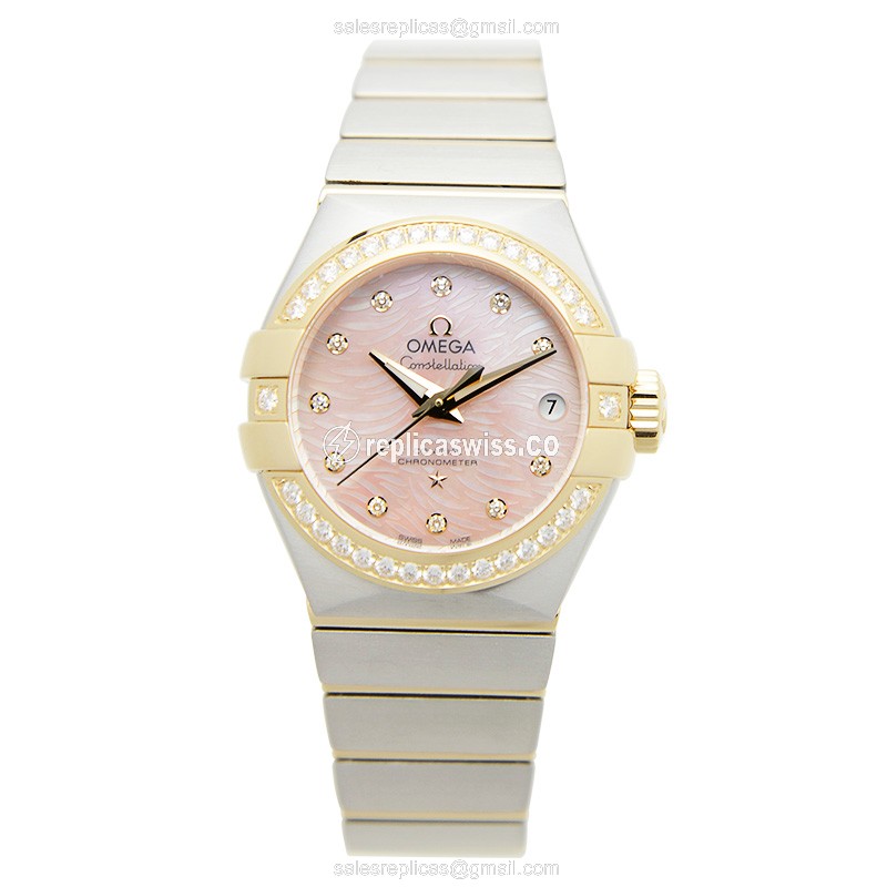 Omega Constellation Replica - 18kt Gold & Diamond - Automatic - Pink Dial, Silver Clasp & Strap - View 2