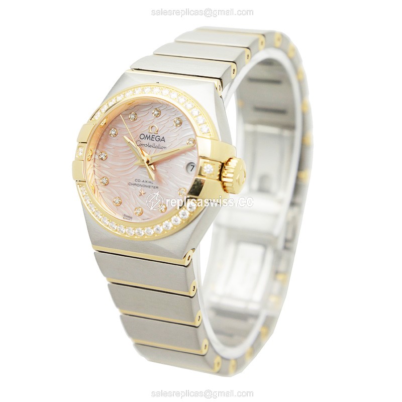 Omega Constellation Replica - 18kt Gold & Diamond - Automatic - Pink Dial, Silver Clasp & Strap - View 3