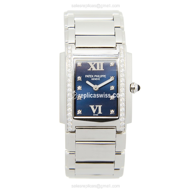 Patek Philippe TWENTY-4 Quartz Replica - Blue Dial, Diamonds, Silver Clasp & Steel Band - View 2