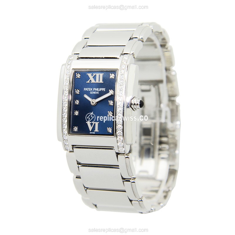 Patek Philippe TWENTY-4 Quartz Replica - Blue Dial, Diamonds, Silver Clasp & Steel Band - View 3