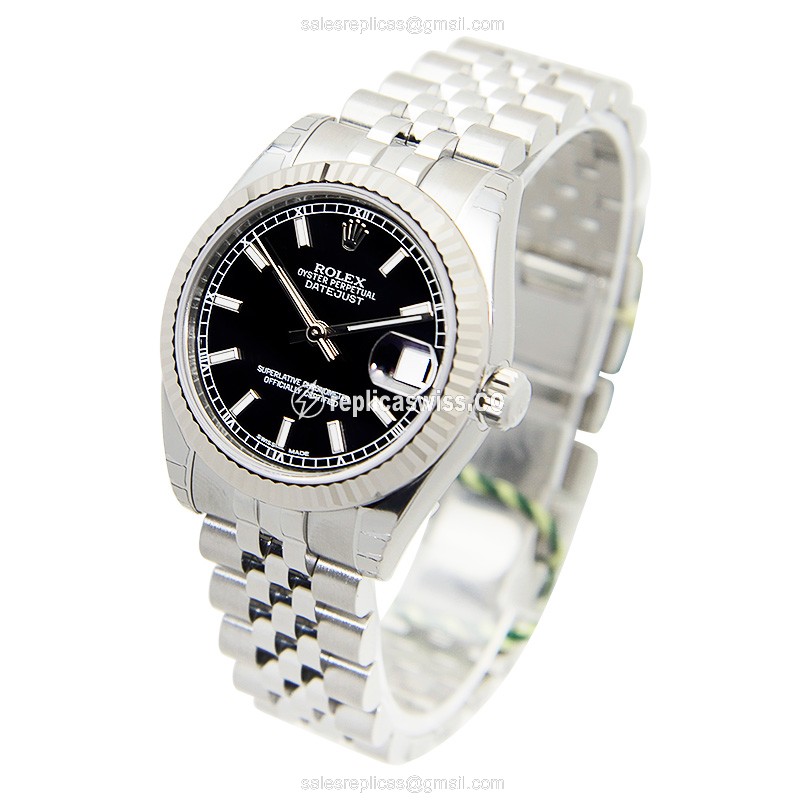 Rolex Lady Datejust Replica - Automatic - White Gold & Steel Case - Black Dial - View 3