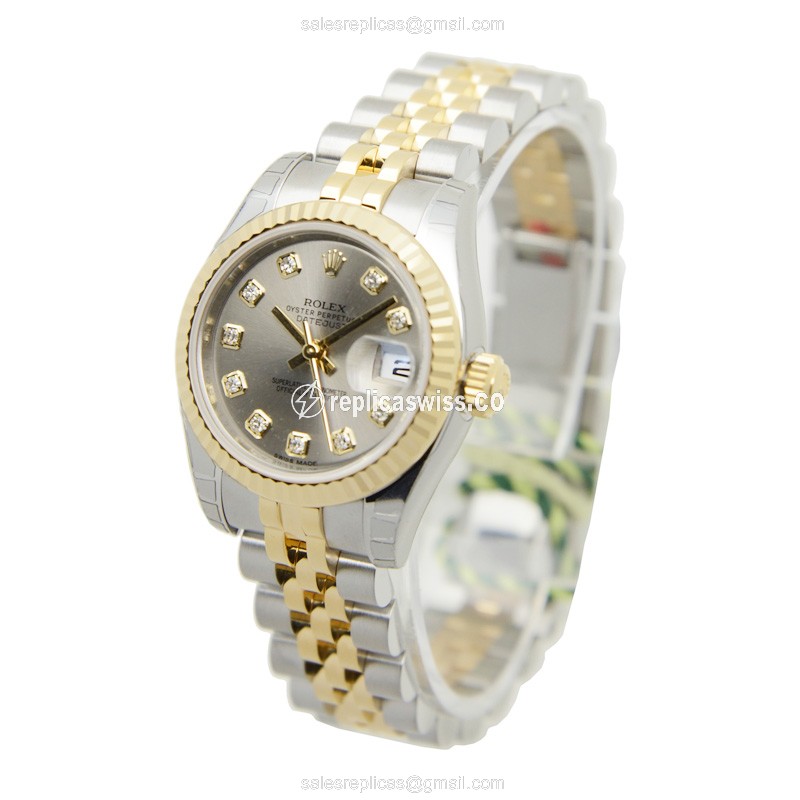 Rolex Lady Datejust Replica - Automatic - 18kt Gold & Steel - Gray Dial - Gold Strap - View 3