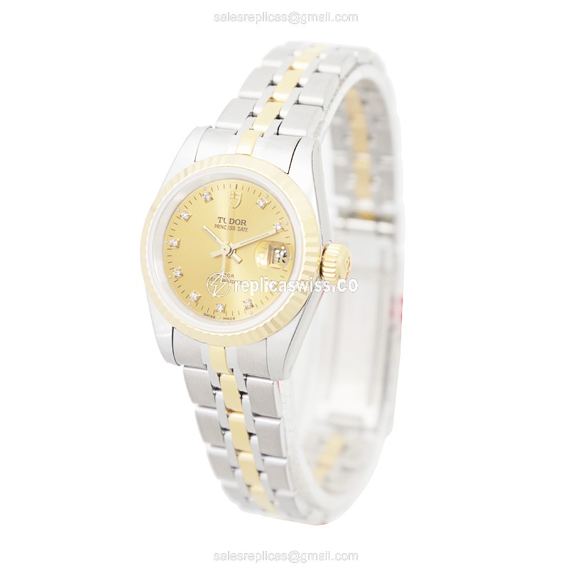 Automatic Tudor Princess Date - 18kt Gold & Steel - Gold Dial - Clasp - View 3
