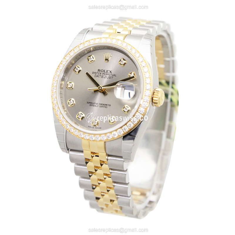 Rolex DATEJUST Replica - Automatic - 18kt Gold - Diamond Bezel - Gray Dial - View 3