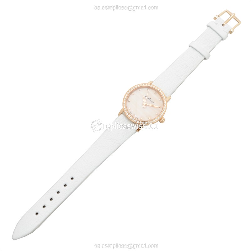 Blancpain 6102-2954-95A Replica - Auto - 18kt Rose Gold & Diamond - Pink Dial - Leather White Strap - View 2