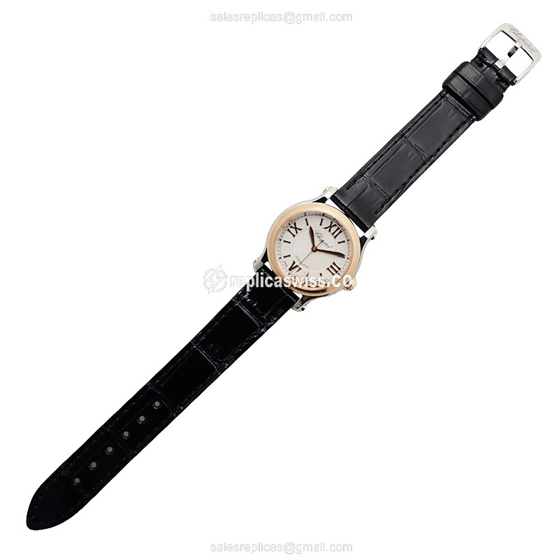 Chopard Happy Sport Replica - Auto - 18kt Rose Gold/Steel - Silver Dial - Black Alligator Buckle - View 2