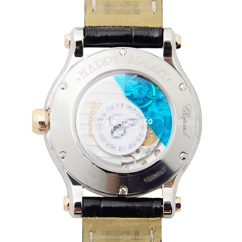 Chopard Happy Sport Replica - Auto - 18kt Rose Gold/Steel - Silver Dial - Black Alligator Buckle - View 3
