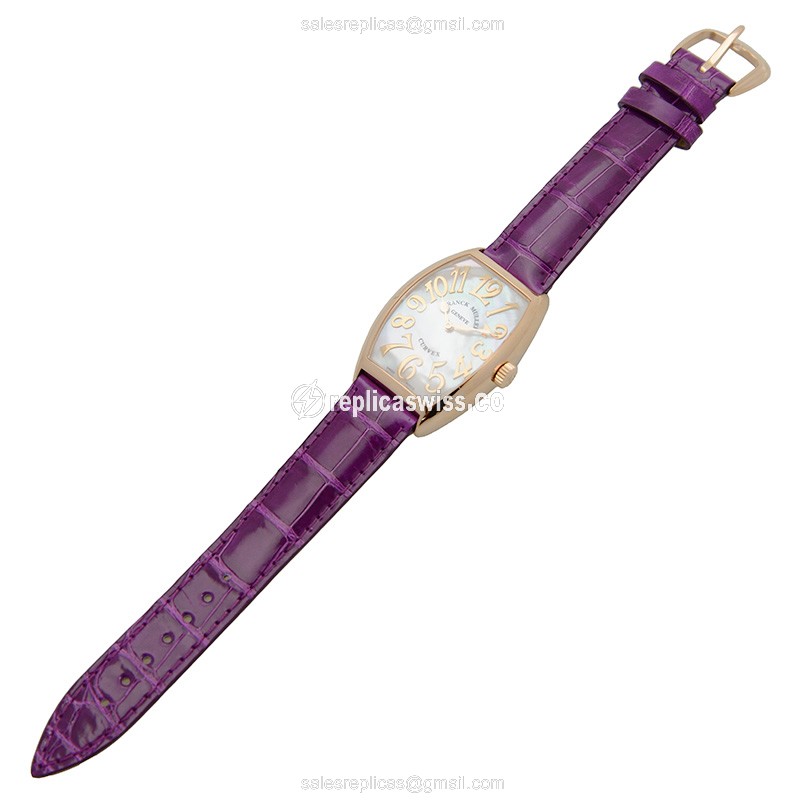 Franck Muller 5852 Replica - Quartz - 18kt Rose Gold - White Dial - Buckle Clasp - Purple Alligator Strap - View 2