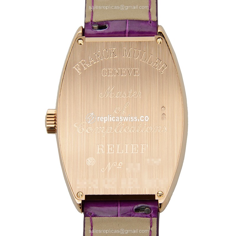 Franck Muller 5852 Replica - Quartz - 18kt Rose Gold - White Dial - Buckle Clasp - Purple Alligator Strap - View 3