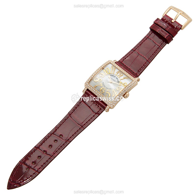 Franck Muller 6002 M B QZ REL MOP V D 5N Replica - Quartz - 18kt Rose Gold - Diamonds on White Dial, Red Alligator Strap - View 2