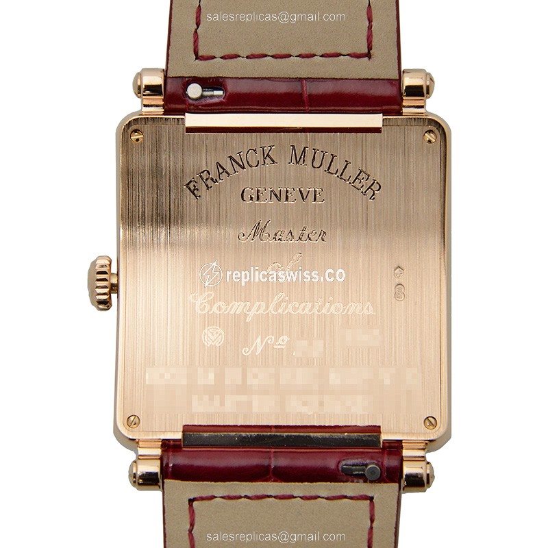 Franck Muller 6002 M B QZ REL MOP V D 5N Replica - Quartz - 18kt Rose Gold - Diamonds on White Dial, Red Alligator Strap - View 3
