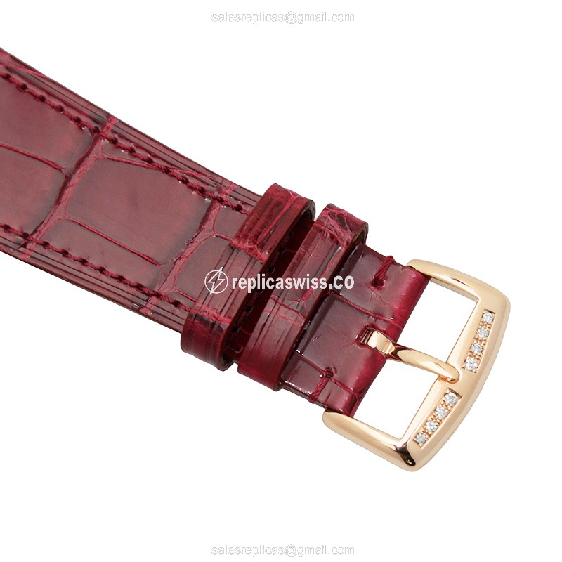 Franck Muller 6002 M B QZ REL MOP V D 5N Replica - Quartz - 18kt Rose Gold - Diamonds on White Dial, Red Alligator Strap - View 4