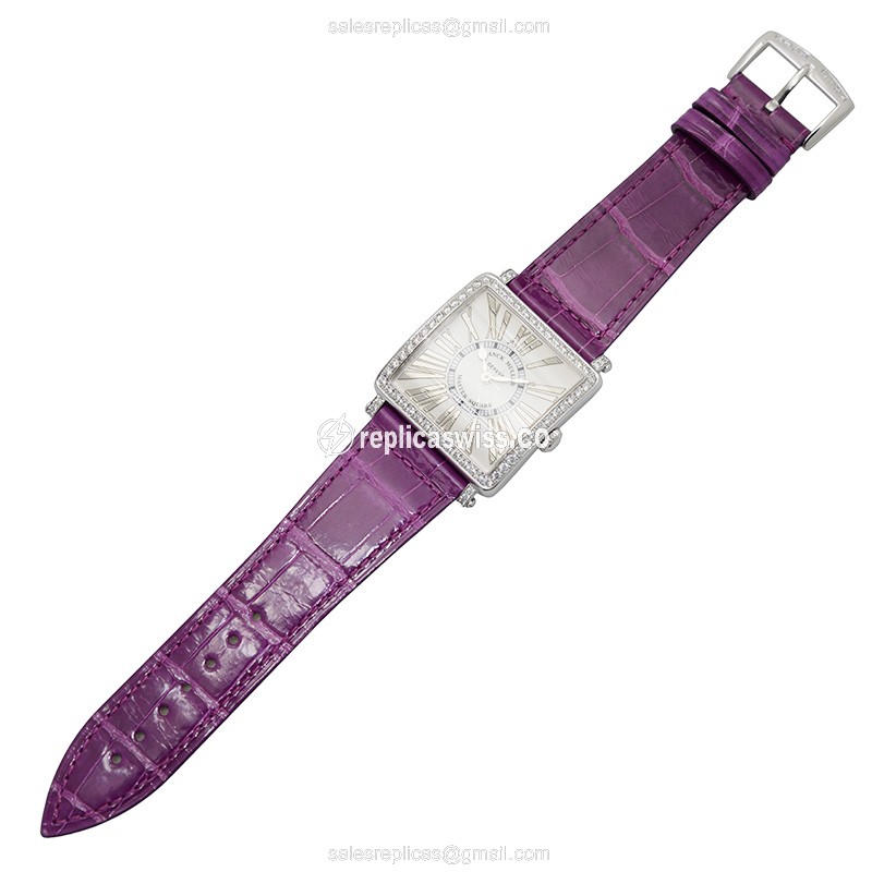 Franck Muller 6002 M B QZ REL R D 1R Replica - Quartz - Diamond Case - Silver Dial - Purple Alligator Strap - View 2