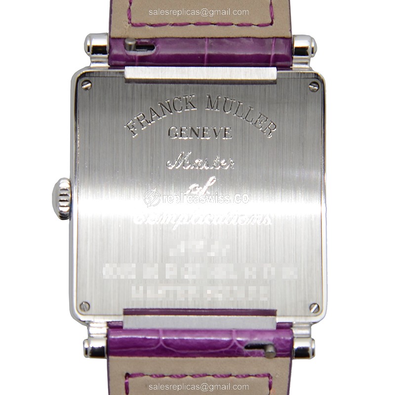 Franck Muller 6002 M B QZ REL R D 1R Replica - Quartz - Diamond Case - Silver Dial - Purple Alligator Strap - View 3