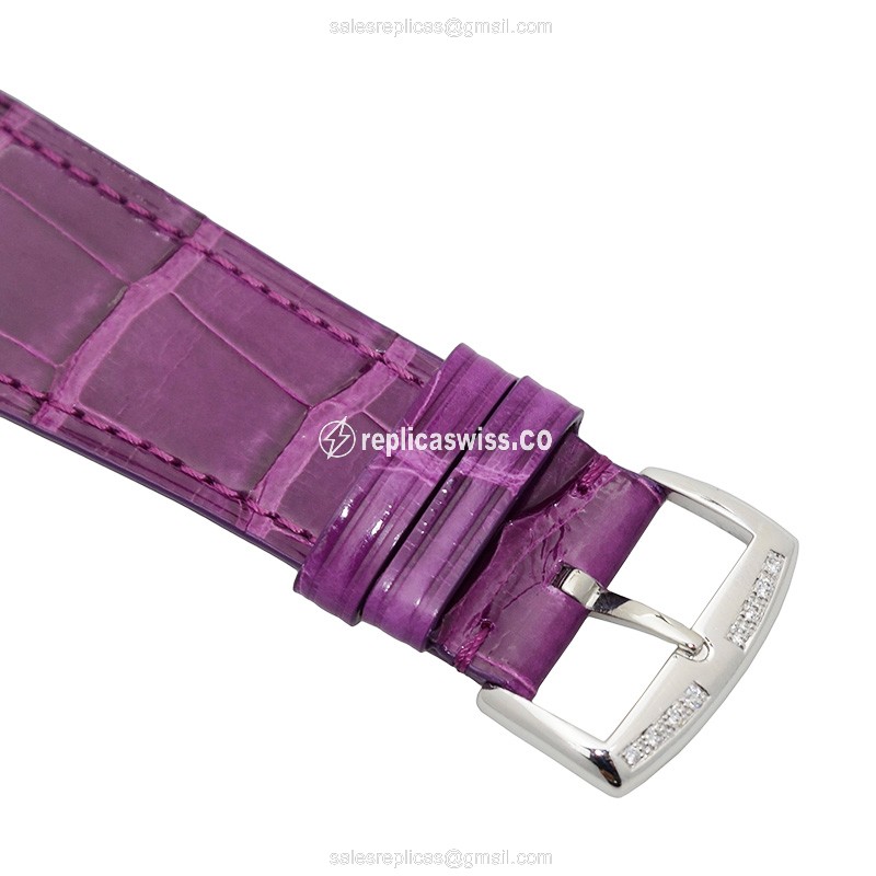 Franck Muller 6002 M B QZ REL R D 1R Replica - Quartz - Diamond Case - Silver Dial - Purple Alligator Strap - View 4