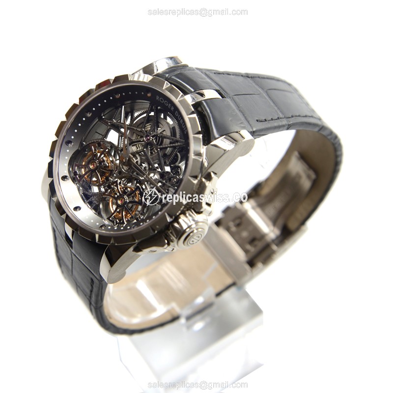 Roger Dubuis RDDBEX0281 EXCALIBUR - Manual Wind - 18kt Gold Case - Silver Dial - Black Leather Strap - View 3