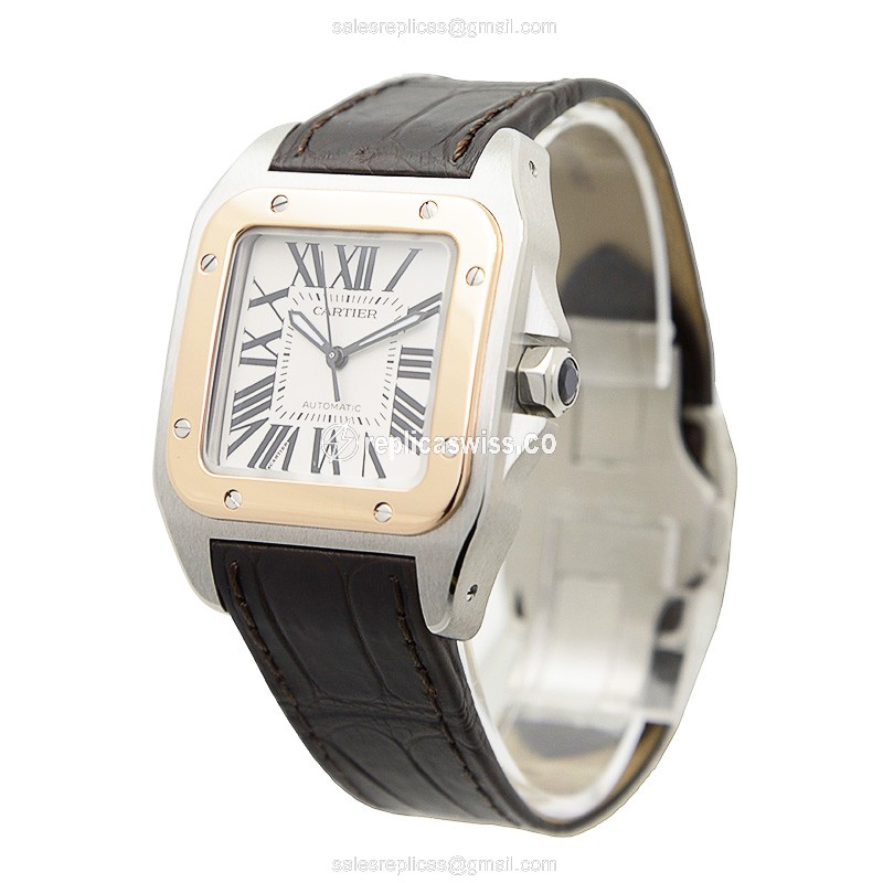 Cartier Santos Replica - Automatic - 18kt Rose Gold - White Dial - Brown Alligator Strap - View 3