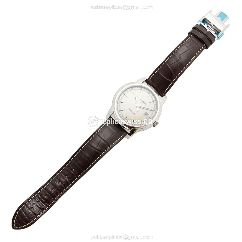 Longines Saint Imier Replica - Automatic - Steel Case - Silver Dial, Brown Alligator Strap - View 2