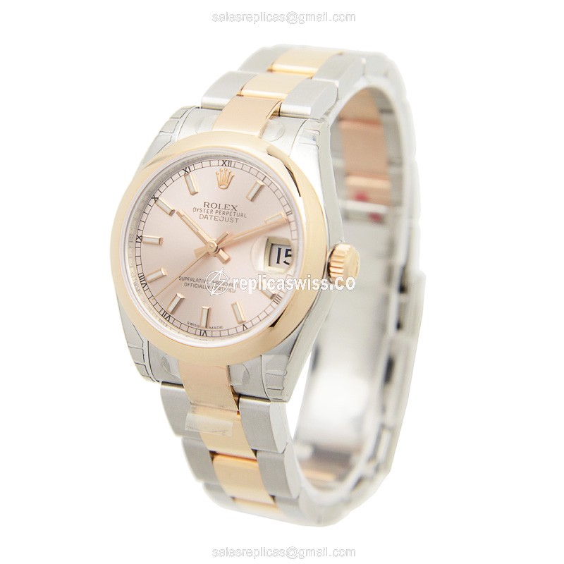 Rolex Lady Datejust Replica - Automatic - 18kt Rose Gold & Steel Case - Pink Dial - Gold Strap - View 3
