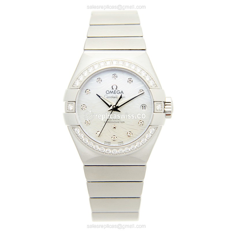 Omega Constellation Replica - Automatic - White Dial - Steel Case & Diamonds - Silver Steel Strap - View 2