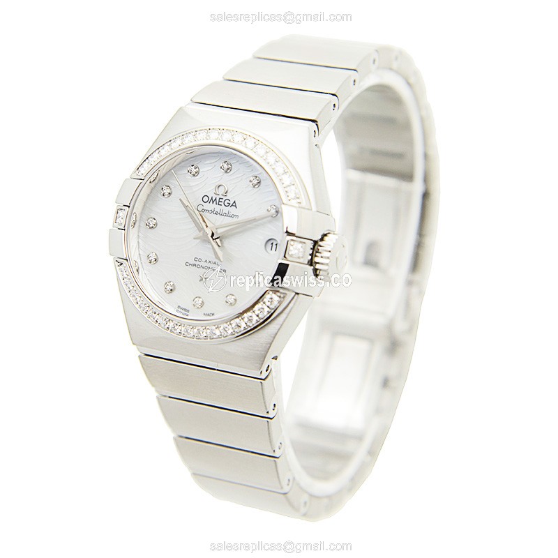 Omega Constellation Replica - Automatic - White Dial - Steel Case & Diamonds - Silver Steel Strap - View 3