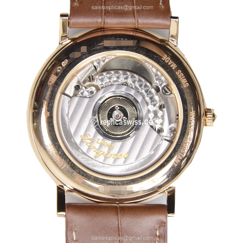 Longines Heritage Classic Replica - Automatic - 18kt Rose Gold - White Dial - Brown Alligator Strap - View 3
