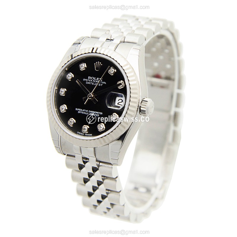 Rolex Lady Datejust Replica - Automatic - White Gold & Steel - Black Dial - Steel Strap - View 3