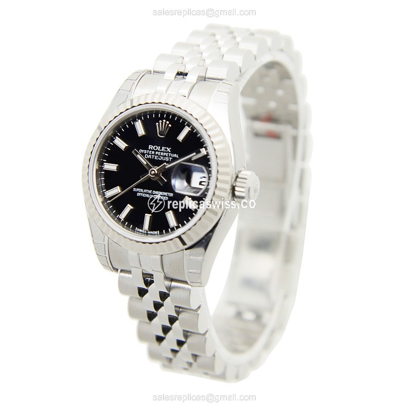Rolex Datejust Lady Replica - Automatic - White Gold & Steel Case - Black Dial - View 3