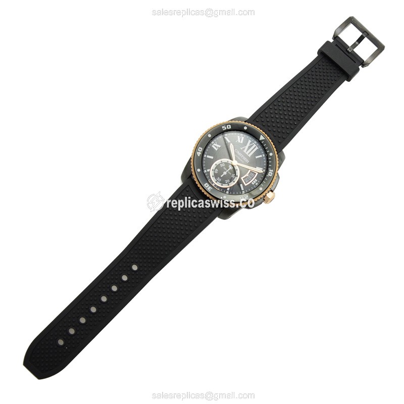 Cartier W2CA0004 Replica - Automatic 18kt Rose & Steel - Black Dial, Rubber Strap - View 2