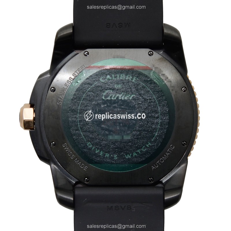 Cartier W2CA0004 Replica - Automatic 18kt Rose & Steel - Black Dial, Rubber Strap - View 3