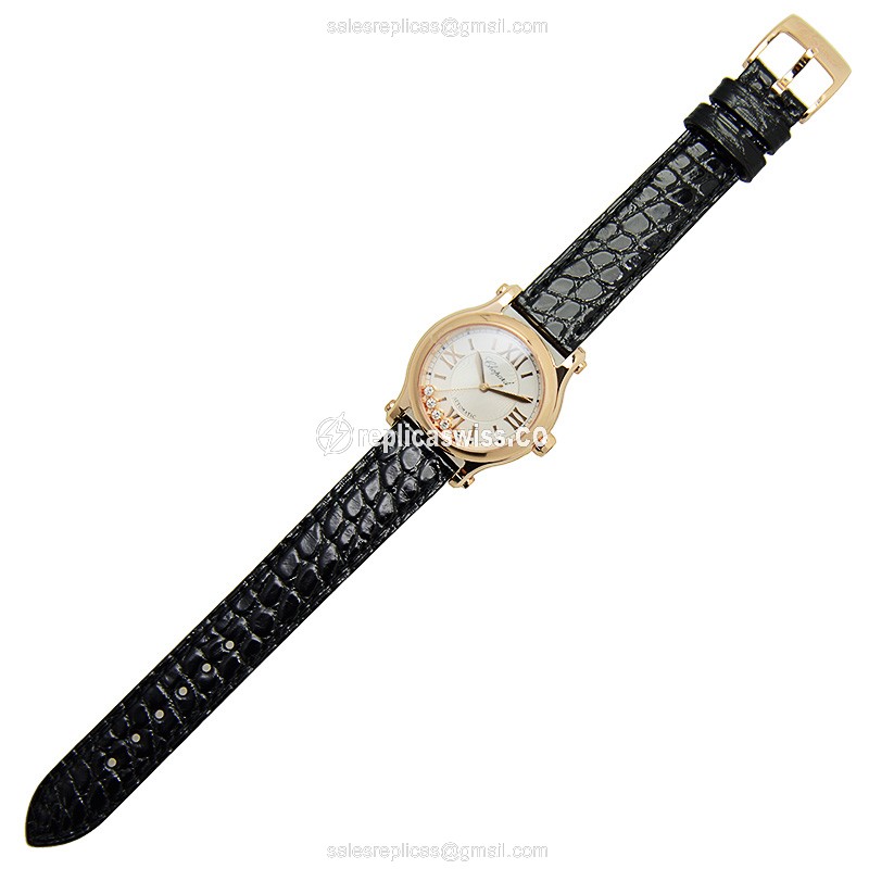Chopard Happy Sport Replica - Automatic - 18kt Rose Gold - Silver Dial - Black Alligator Strap - View 2