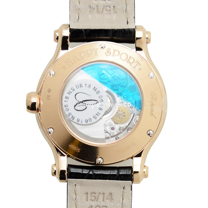 Chopard Happy Sport 274893-5002 - Auto 18kt Rose Gold & Diamonds - Silver Dial - Black Alligator Strap - View 3