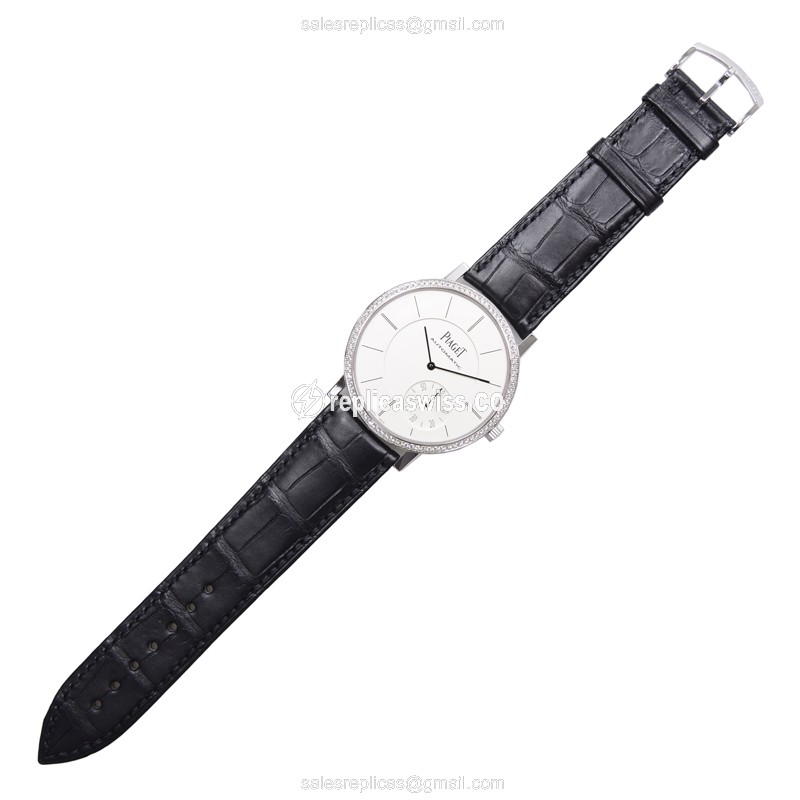 Piaget Altiplano Replica - Auto 18kt White Gold - Diamond White Dial Alligator Black Buckle - View 2