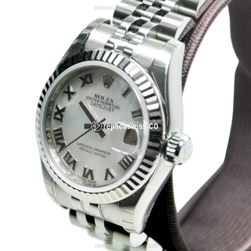 Rolex Datejust Lady Replica - 18kt White Gold - Steel Case, Automatic - White Dial - View 2