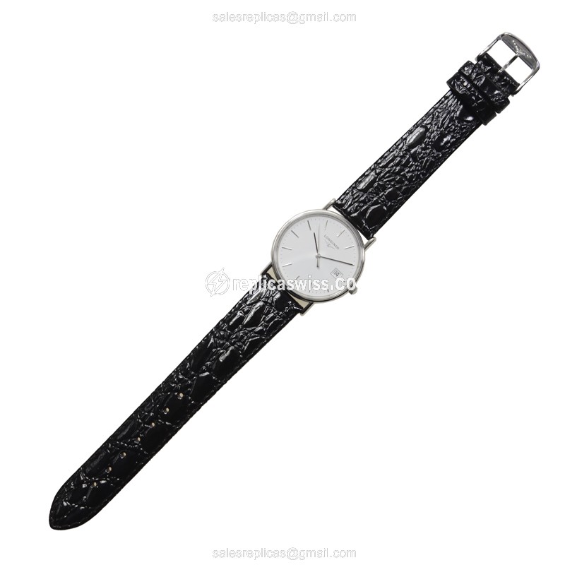 Longines Presence Quartz - White Dial - Steel Case - Black Leather Strap - Buckle Clasp - View 2