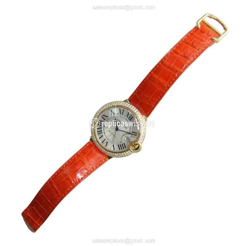 Cartier Ballon Bleu Replica - Automatic - 18kt Gold - Diamond - Silver Dial - Orange Alligator Strap - View 2