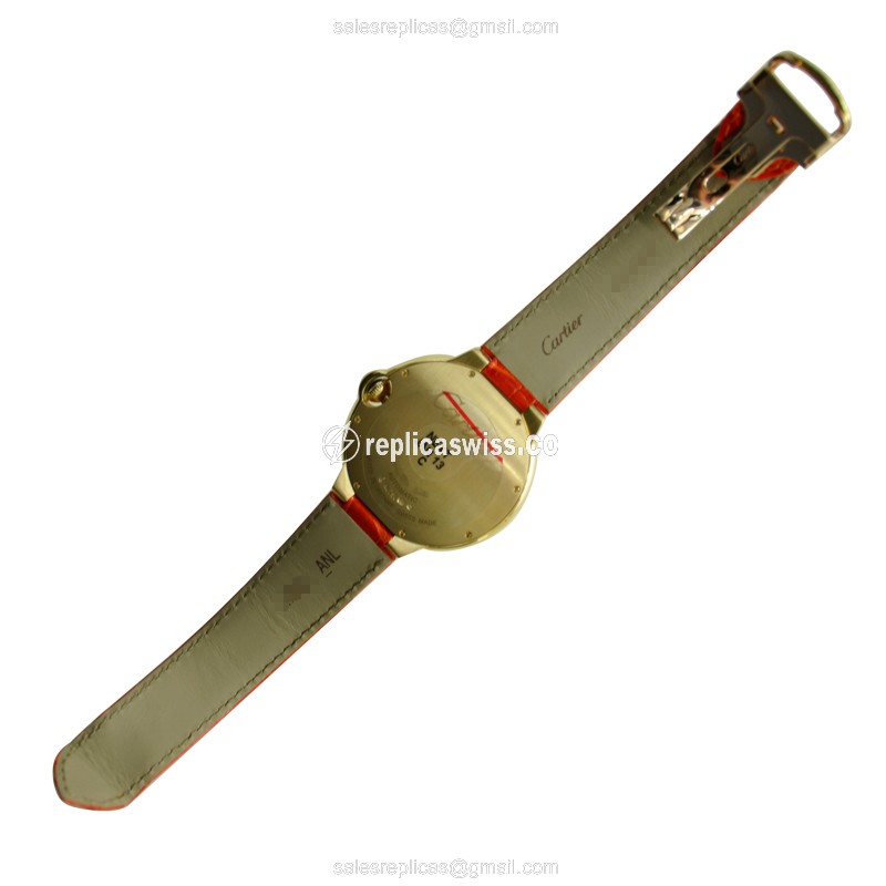 Cartier Ballon Bleu Replica - Automatic - 18kt Gold - Diamond - Silver Dial - Orange Alligator Strap - View 3