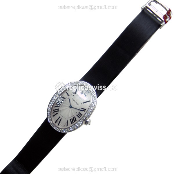 Cartier Baignoire Replica - Manual - 18kt White Gold - Diamond - White Dial - Black Leather Strap - View 2